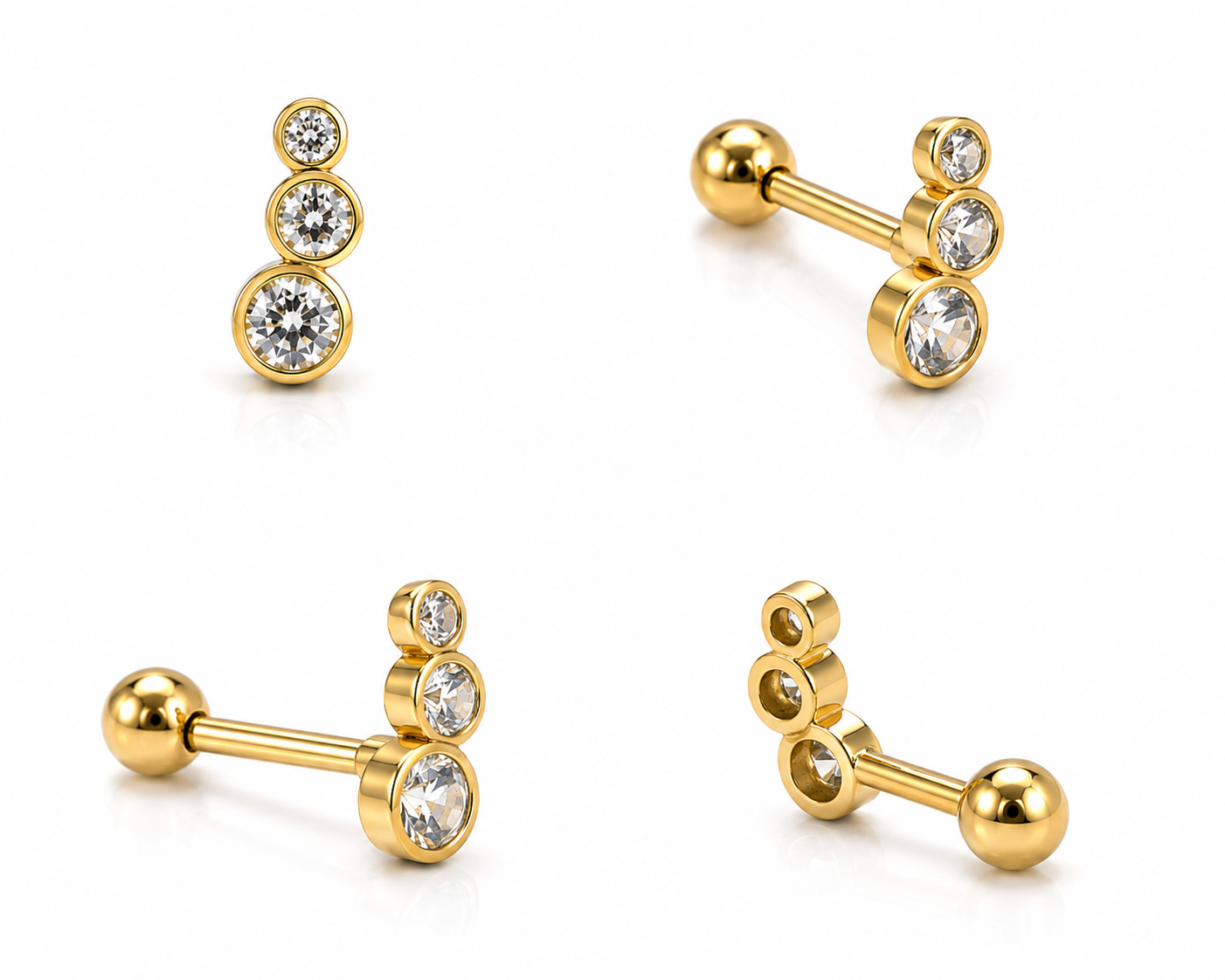 Bezel Three Stone Curve Stud - PAIR