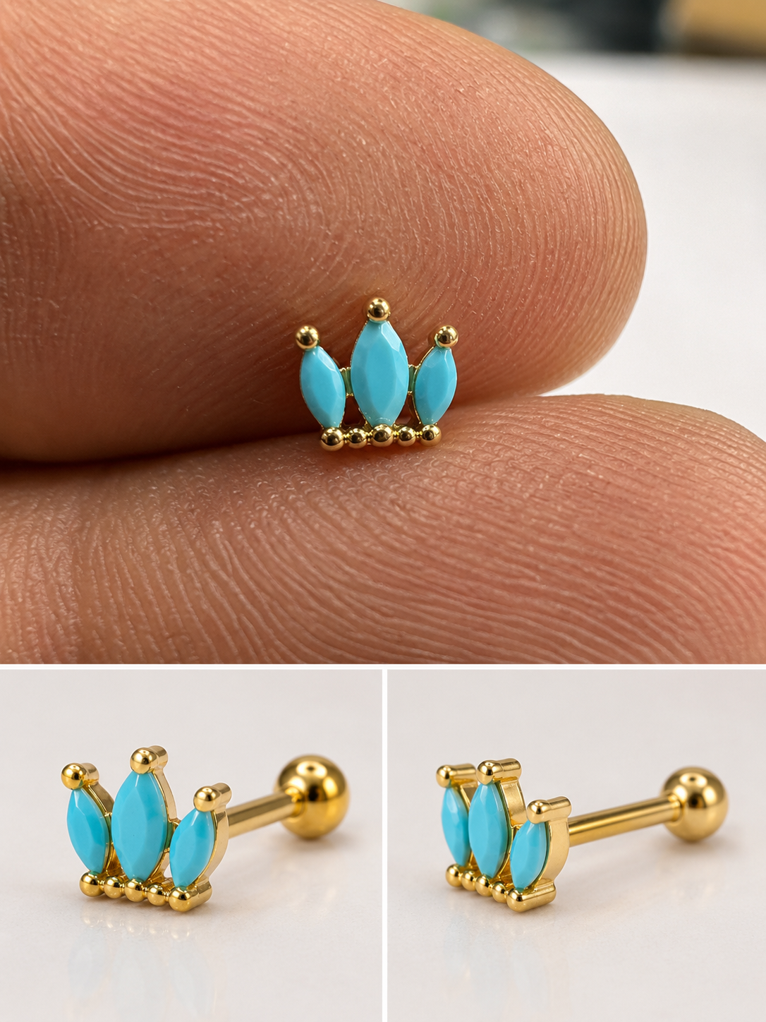 Turquoise Crown Flat Stud - PAIR