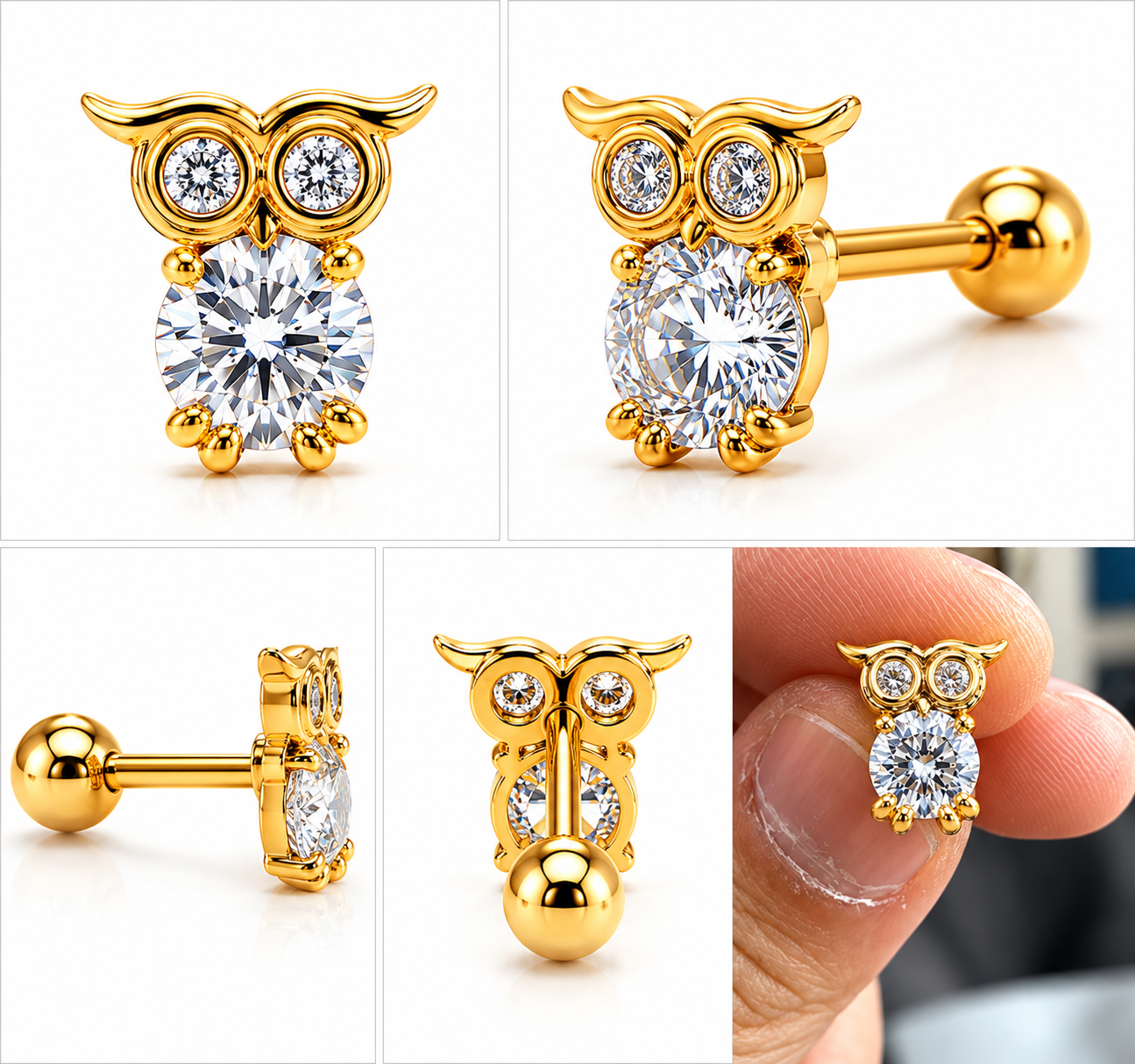 Diamond Owl Flat Studs - PAIR