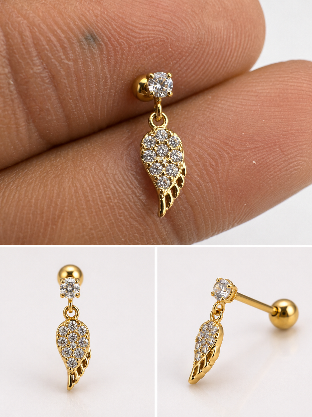 Micro Diamond Wing Hanging Stud - Pair