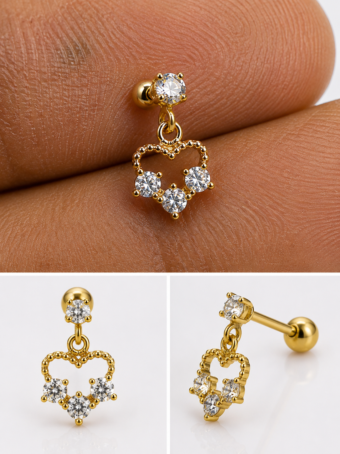 Diamond Heart Hanging Stud - PAIR