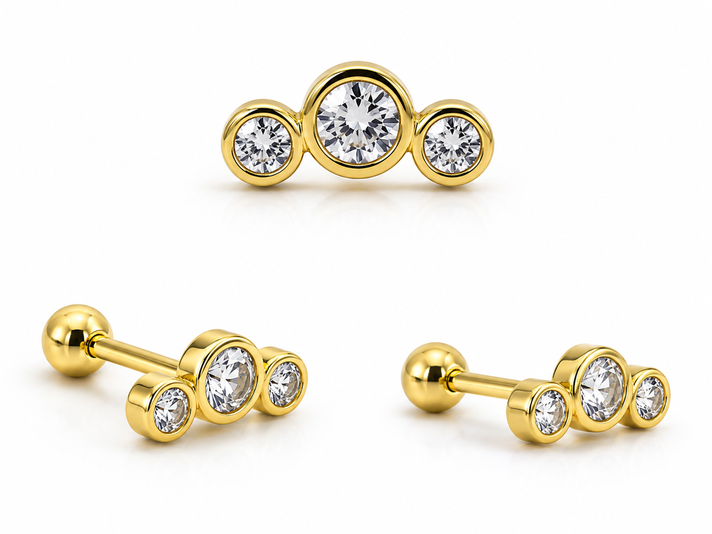 Bezel Three Stone Curve Stud - PAIR