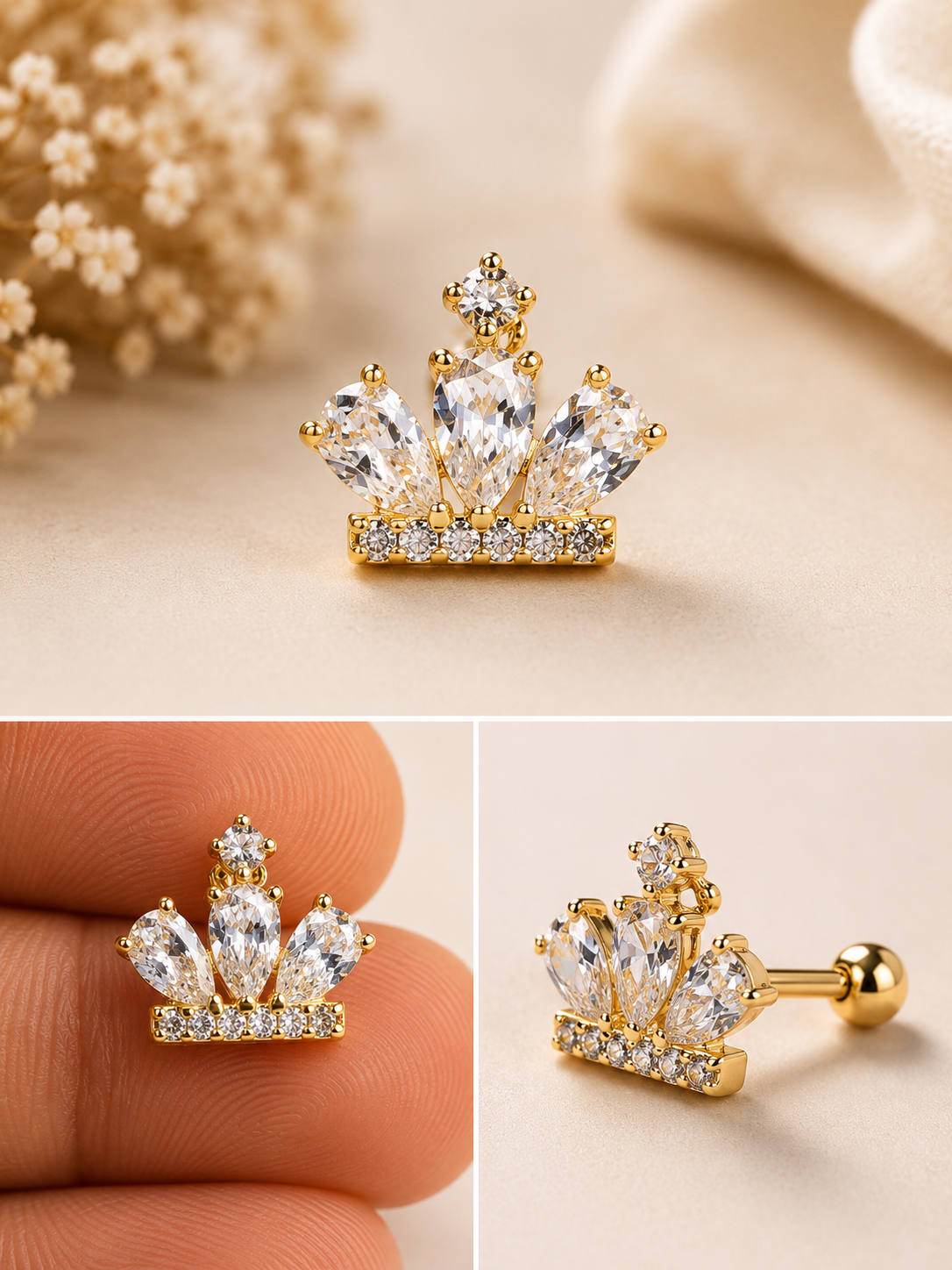 Diamond Crown Flat Stud - PAIR
